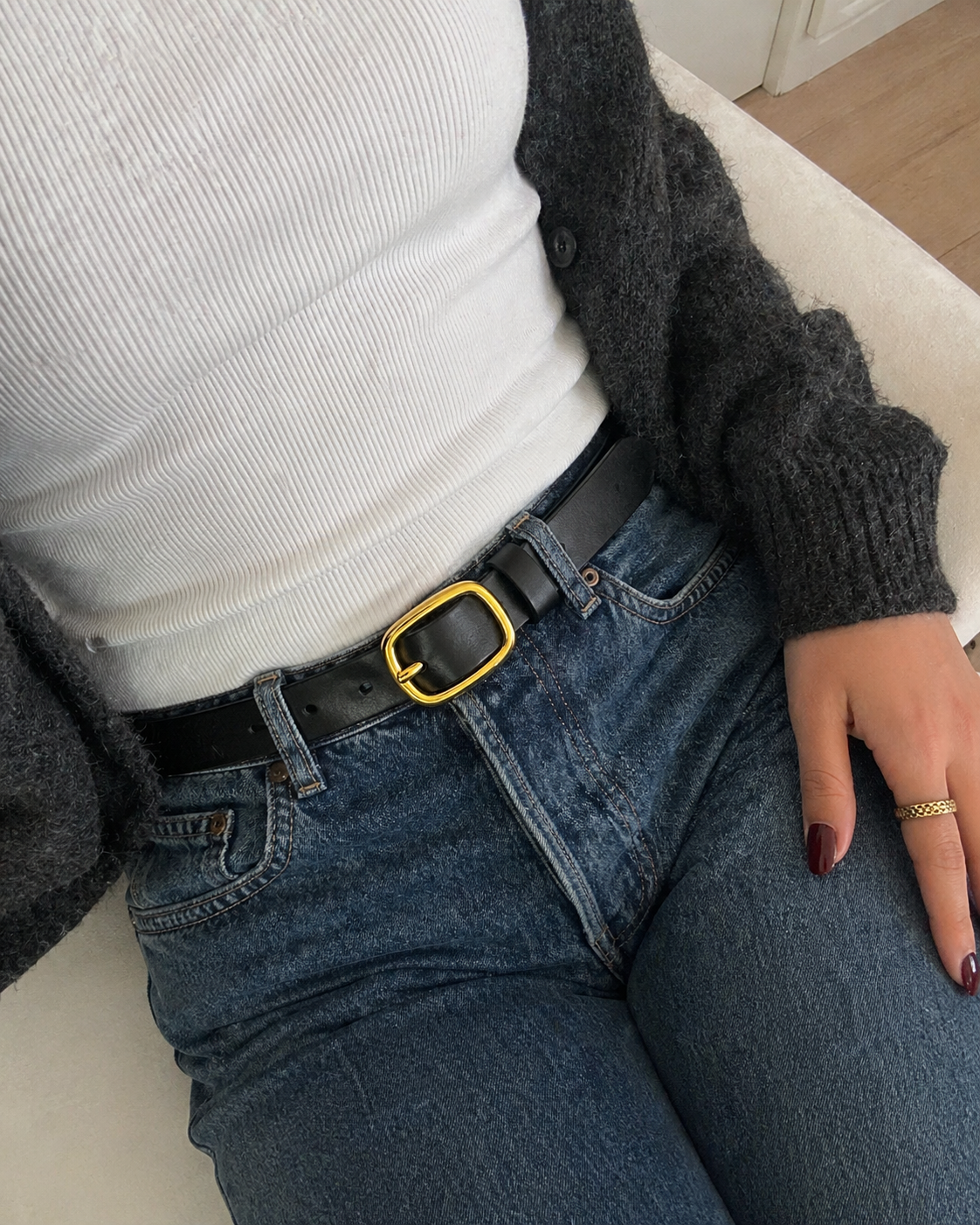 Ceinture Élise — Cuir noir & boucle dorée
